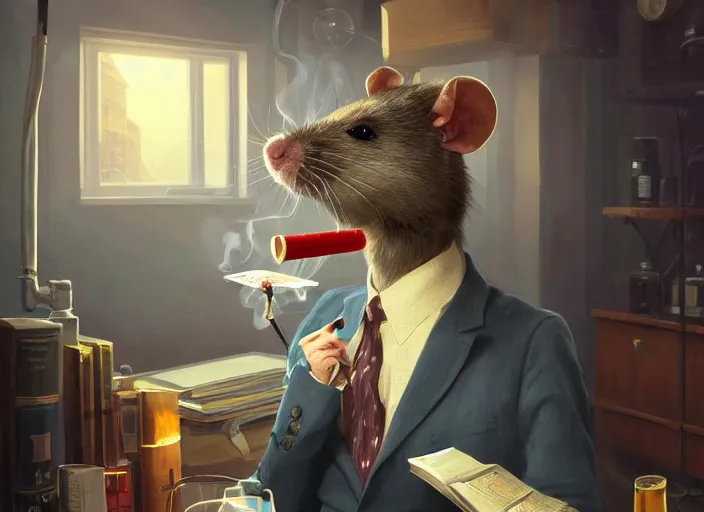 Image similar to portrait of a cute pet rat dressed as an english professor, smoking a pipe, giving a lecture in a university chemistry lab, digital art, artstation, fantasy, cinematic, fine details by realistic shaded lighting poster by ilya kuvshinov katsuhiro otomo, magali villeneuve, artgerm, jeremy lipkin and michael garmash and rob rey