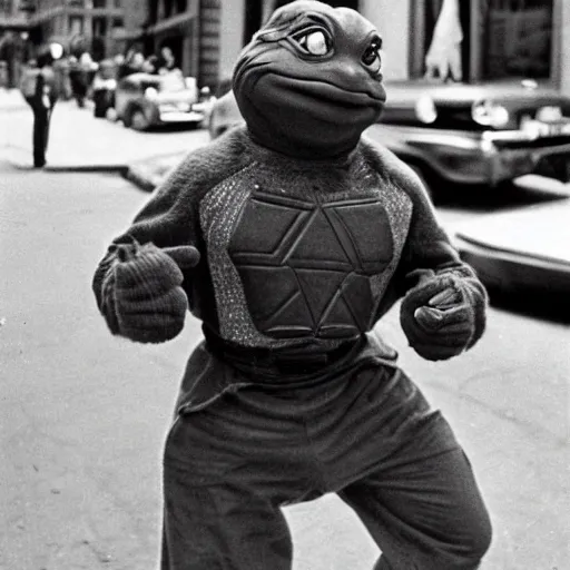 Image similar to Beautiful Portrait Photograph from 1950s of a ninja turtle in the middle of a New York street,