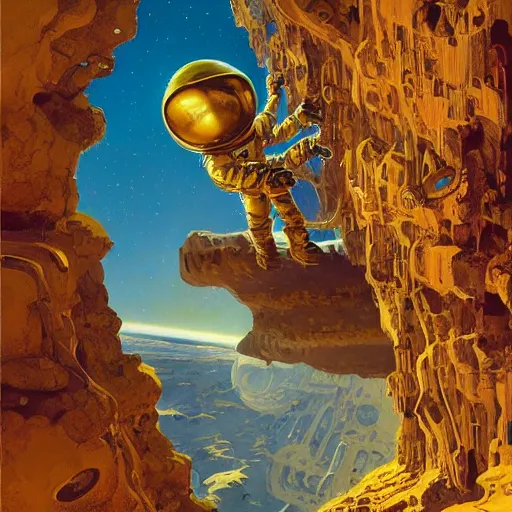 Prompt: golden astronaut in cave, digital painting by dean cornwall, rhads, john berkey, tom whalen, alex grey, alphonse mucha, donoto giancola,