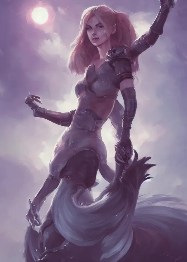 Prompt: a noble knight women raise her hand to summon her raccoon spirit above her, by artgerm, charlie bowater, featured on artstation