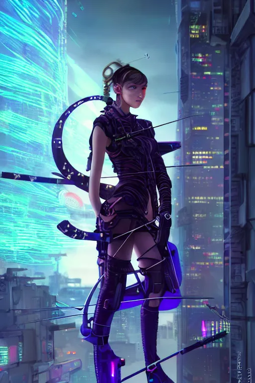 Image similar to portrait futuristic adorable cyberpunk young female Archer, in futuristic stormy thunder light tokyo rooftop cyberpunk night, ssci-fi, fantasy, intricate, very very beautiful, elegant, neon light, highly detailed, digital painting, artstation, concept art, soft light, hdri, smooth, sharp focus, illustration, art by tian zi and craig mullins and WLOP and alphonse mucha