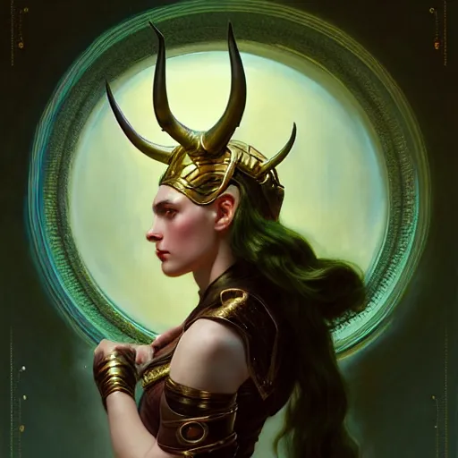 Image similar to of a female Loki with golden horned helmet, dark fantasy, medium shot, intricate, ornate, elegant, highly detailed, digital painting, volumetric light, artstation, concept art, smooth, sharp focus, illustration, art by Gil Elvgren and Greg Rutkowski and Alphonse Mucha