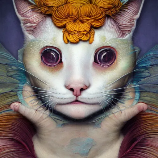 Image similar to white cat, botanical, portrait face, colorful, frantisek kupka, intricate, miles johnston, kuroda seiki, cynical realism, ozabu, john william godward, painterly, yoshitaka amano, moebius, miles johnston, louise zhang, james jean, mark ryden lowbrow pop surrealism art style