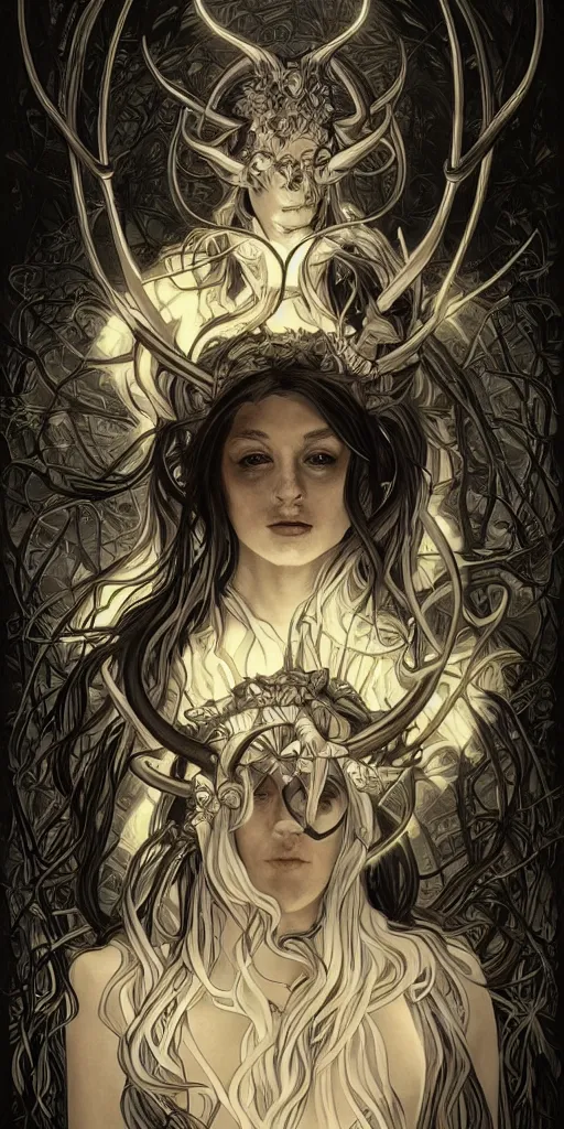 Prompt: intense bioluminescent glowing pagan god with horns and pure black eyes in very dark forest by artgerm and alphonse mucha, portrait, fantasy, clear, light beams, lens flare, intense, uhd, amazing depth, cinematic lighting