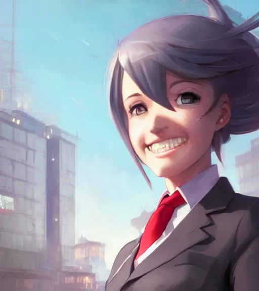 Image similar to a girl in a business, close up, sharp focus, red necktie, grey hair, smiling, city background, digital painting, by tran ross and jordan grimmer and greg rutkowski, anime art, artstation, hd, smooth,