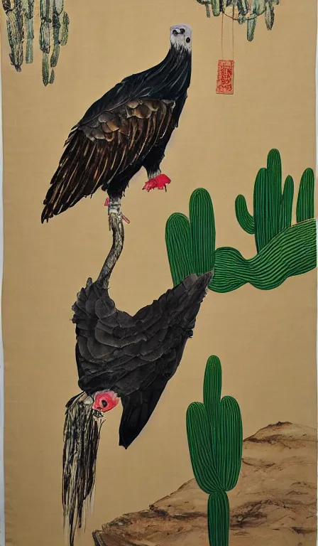 Image similar to Shen Quan's big turkey vulture sitting on cactus , hanging scroll, ink and colours on silk