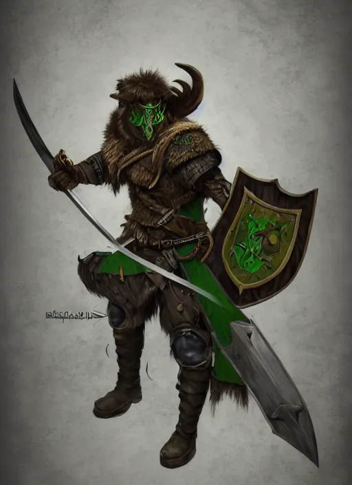 Image similar to strong young man, photorealistic bugbear ranger holding sword, fire magic, black beard, dungeons and dragons, pathfinder, roleplaying game art, hunters gear, jeweled ornate leather and steel armour, concept art, character design on white background, by norman rockwell, makoto shinkai, kim jung giu, artstation trending, poster art, colours red and green