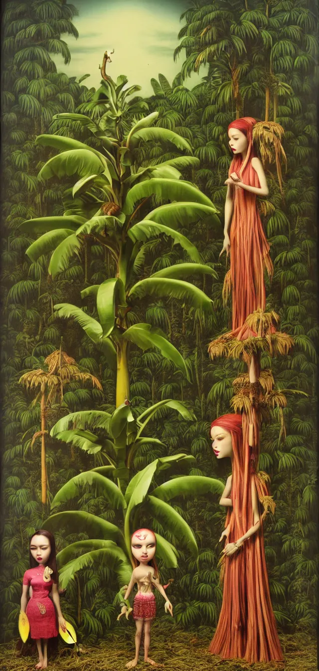 Prompt: diorama of one single pontianak standing beside one single banana tree by mark ryden