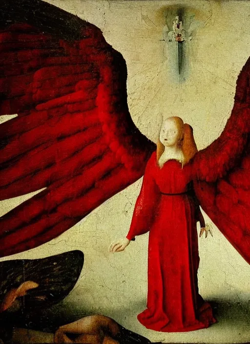 Image similar to fallen angel dressed in red with wings by Jan van Eyck, Hieronymus Bosch, Johannes Vermeer 4k post-processing, highly detailed medieval painting