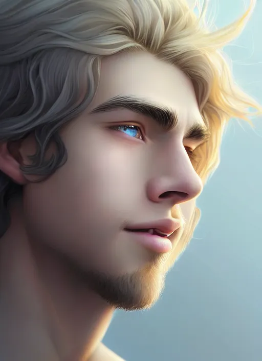 Image similar to beautiful young man with medium - length, curly, golden hair, perfectly proportioned face, aquamarine eyes, long eyelashes, smile, natural lighting, path traced, highly detailed, high quality, cartoon, digital painting, by new haicheng and studio ghibli