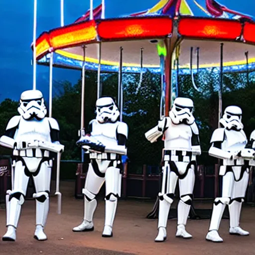 Image similar to stormtroopers trying to prizes at a fairground, dynamic lighting