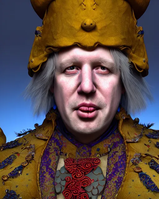 Image similar to Boris Johnson dressed as a Court Jester. Unreal engine, fantasy art by Betty Jiang. Faithfully depicted facial expression, perfect anatomy global illumination, radiant light, detailed and intricate environment