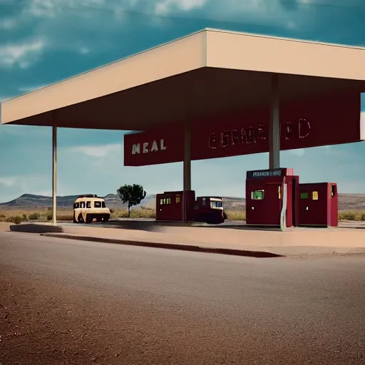 Prompt: render of a vintage gas station near Marfa, Texas by Jason Chambers, instagram, jasonchambers.com, film photography, Hasselblad, film look, Kodak Portra film look, soft colors, warm tones, medium contrast, photorealistic, ultra realistic, maximum detail, foreground focus, 8k, volumetric light, cinematic, octane render