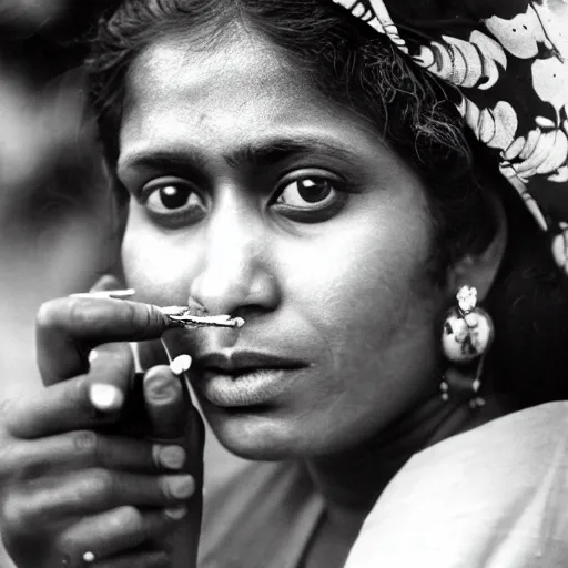 Image similar to portrait of a sri lankan woman smoking cigarette, vintage photo in 8 0's style