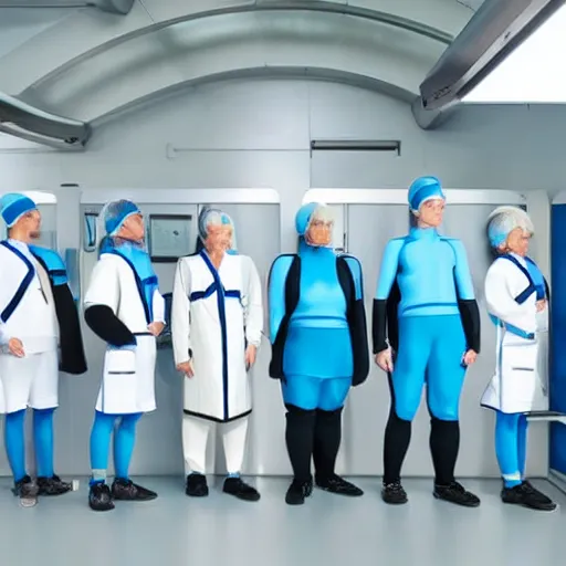 Image similar to group of identical athletic humans with light blue neoprene suits and white hair standing in a line on a conveyor belt, background of advanced futuristic laboratory, sci - fi, highly detailed, hyperrealistic