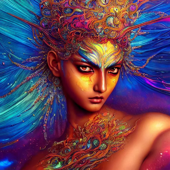 Prompt: ultra detailed stunning digital painting of a angry indian anime girl, skin made out of chrome, covered in a sea of iridescent liquid, lost in a dreamy oriental realm by Karol Bak, Moebius, hiroshi yoshida, Druillet, xsullo, colorful, front view, vivid colors, 8k, coherent, anime vibes, uplifting, magical composition, artstation, synthwave, 8k, coherent, artgerm, uplifting, unreal engine, magical composition, artstation