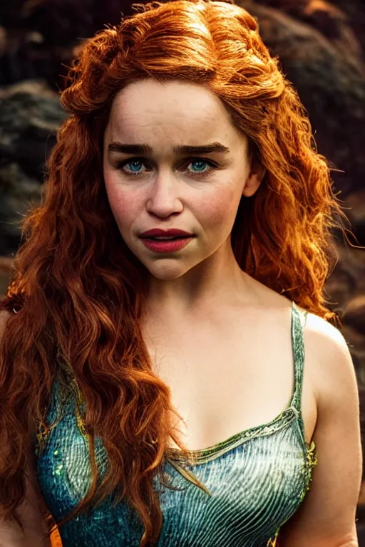 Prompt: Portrait photo of Emilia Clarke as the little mermaid, cinematic lighting, starlit shining eyes