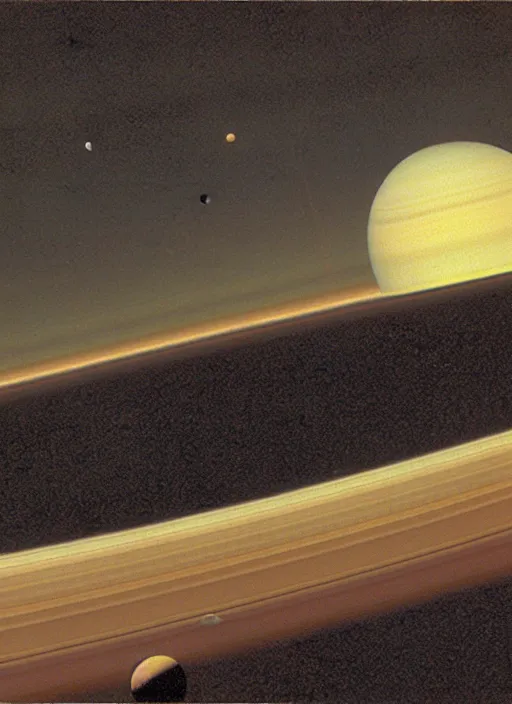 Prompt: Saturn seen from the surface of Titan by Chesley Bonestell