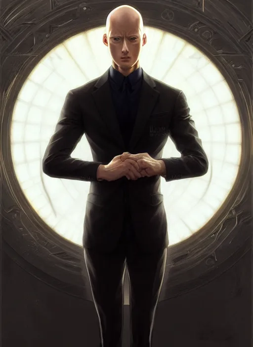 Image similar to ultra realistic illustration, handsome saitama. intricate, elegant, black suit, highly detailed, digital painting, artstation, concept art, smooth, sharp focus, illustration, art by artgerm and greg rutkowski and alphonse mucha and wlop