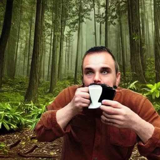 Image similar to dude drinking mug of hot coffee!!!!!!! in a mystical fantasy forest!!!!!!!!!