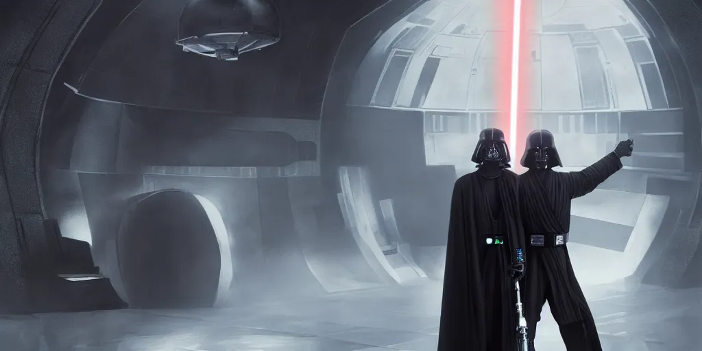 Image similar to luke skywalker and darth vadar standing facing eachother in the throne room of the death star. A table between them with a single kyber crystal resting upon it. Hyper realism, detailed, star wars, lighting, 8k, photo