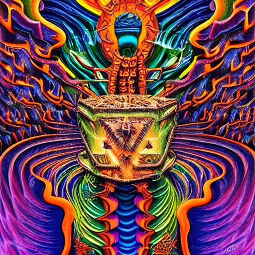 Image similar to a hypercomplex ultrarealistic painting of the portal to hell in a puzzle box by clive barker and alex grey and lisa frank and michael whelan, symmetry accurate features, very intricate details, 8 k, hires