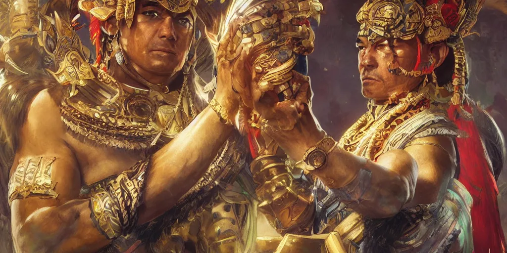 Image similar to male inca emperor, deep focus, intricate, elegant, highly detailed, photorealistic rendering, sharp focus, illustration, hearthstone, art by artgerm and greg rutkowski and alphonse mucha