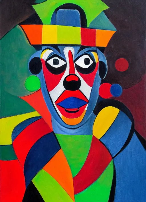 Prompt: clown, asymmetric, oil paint, high contrast, bright colors, malevich color palette