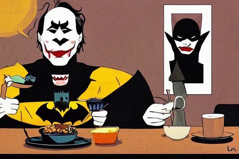 Image similar to portrait of Batman eating breakfast ，Next to the head of the joker is placed，By Emmanuel Lubezki