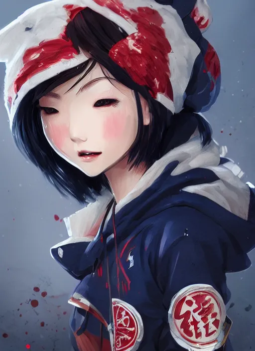 Image similar to a highly detailed illustration of black short hair cute japanese girl wearing blood stained navy hoodie with the word nevada on it, dramatic smile pose, intricate, elegant, highly detailed, centered, digital painting, artstation, concept art, smooth, sharp focus, league of legends concept art, WLOP