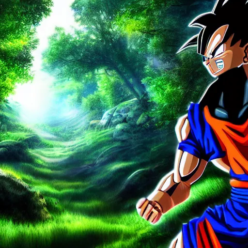 Prompt: photorealistic Goku wall paper in a forest beautiful scenery