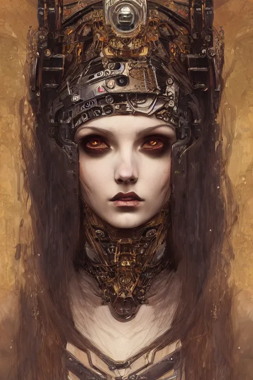 Image similar to portrait of beautiful young gothic maiden, cyberpunk, Warhammer, highly detailed, artstation, illustration, art by Gustav Klimt