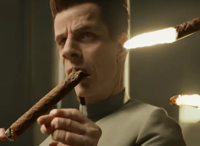 Prompt: film still of bender holding a lit cigar in the new scifi movie, 4 k