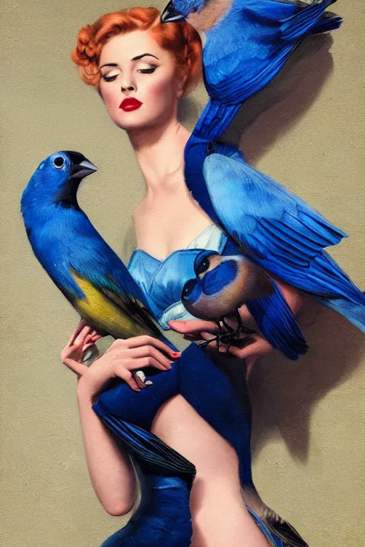 Image similar to hyper realistic painting, tasteful pinup girl holding an indigo bunting, bird, the bird is wearing a bowtie, by greg rutkowski, rossdraws, gil elvgren, enoch bolles, anime, porcelain skin, very coherent