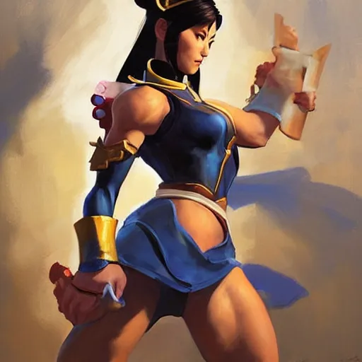 Image similar to greg manchess portrait painting of partially armored chun li from street fighter as overwatch character, medium shot, asymmetrical, profile picture, organic painting, sunny day, matte painting, bold shapes, hard edges, street art, trending on artstation, by huang guangjian and gil elvgren and gerald brom