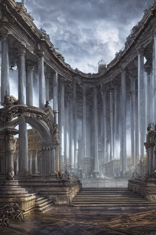 Image similar to gigantic palace, adorned pillars, towers, landscape, alex ross, neal Adams, david finch, concept art, matte painting, highly detailed, rule of thirds, dynamic lighting, cinematic, detailed, denoised, centerd