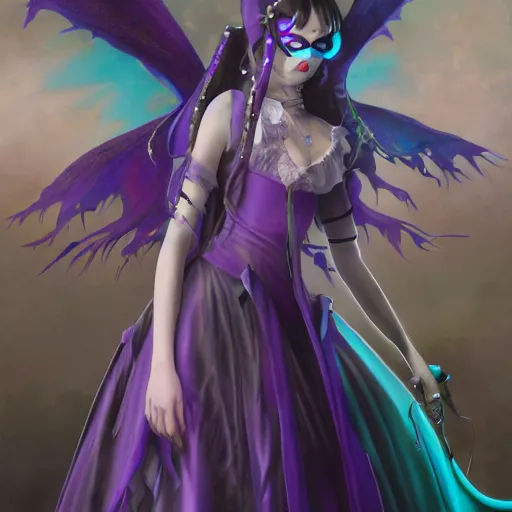 Image similar to an extremely detailed matte painting hatsune miku as a vampire queen in a resplendant and beautiful purple dress as a masquerade ball, epic fantasy, viewed in profile from far away, sharp focus, detailed face, art by greg rutkowski and alphonse mucha, volumetric lighting, 4 k resolution, artstation