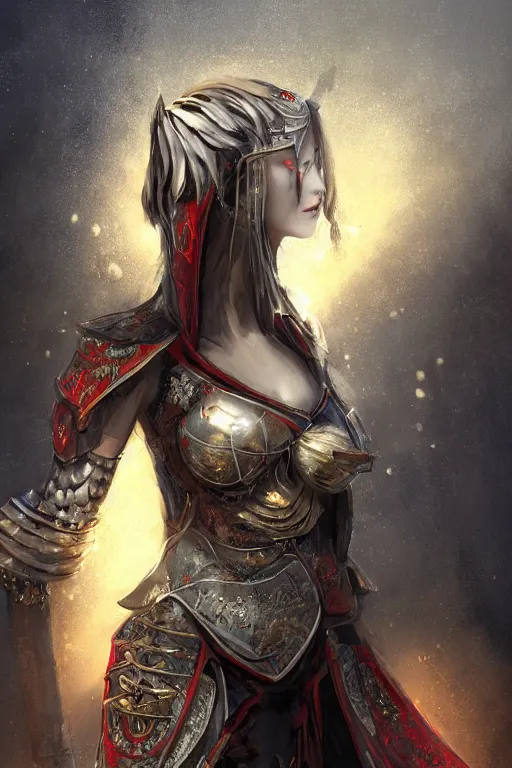 Image similar to portrait knights of Zodiac girl+smoky eyes, metalic black and red mirror reflected armor, in ruined Agora of Athens, black magic night, ssci-fi, fantasy, intricate, very very beautiful, elegant, golden light, highly detailed, digital painting, artstation, concept art, smooth, sharp focus, illustration, art by tian zi and WLOP and alphonse mucha