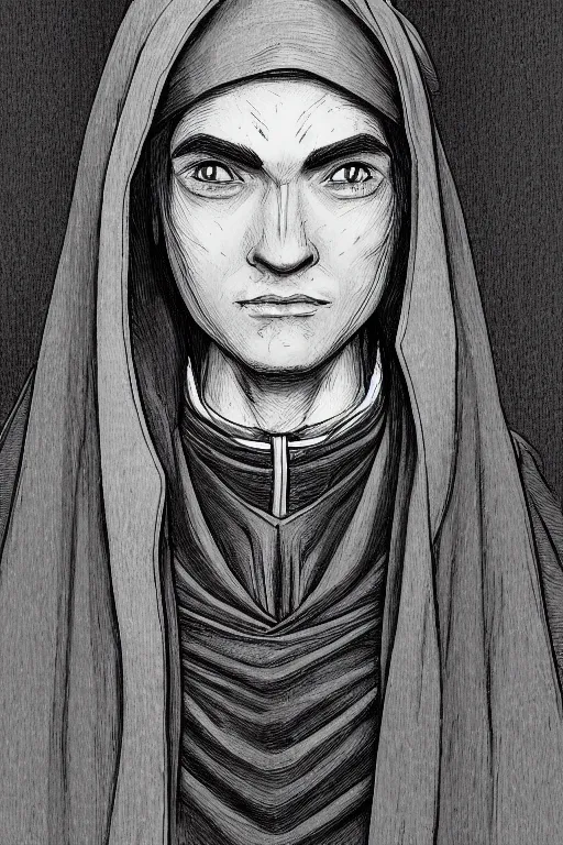 Image similar to portrait of Daniel Trejo as church nun, intricate, highly detailed, artstation, illustration by Kentaro Miura