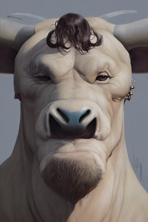 Prompt: a portrait of bull illustrated by miyazaki by karol bak, james jean, tom bagshaw, rococo, sharp focus, trending on artstation, cinematic lighting, hyper realism, octane render, 8 k, hyper detailed, vivid, ultra detailed, highly detailed