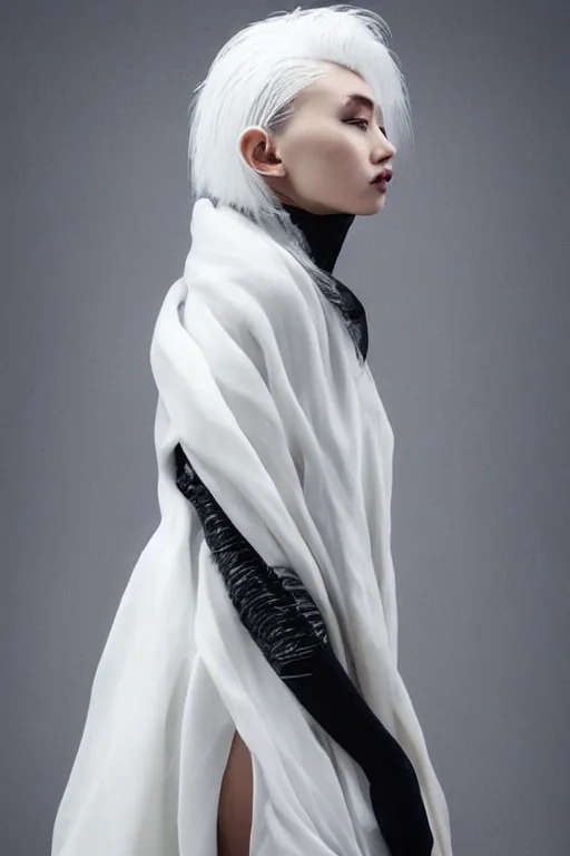 Image similar to beautiful girl with ice white hair wearing long futuristic highly detailed dark cloak designed by yohji yamamoto standing in a shadow of the soft light, soft muted colors, simple shapes, by tim berton, golden ratio, perfect composition, dramatic, medium close - up ( mcu ), cannon ef 6 5 mm f / 2. 8