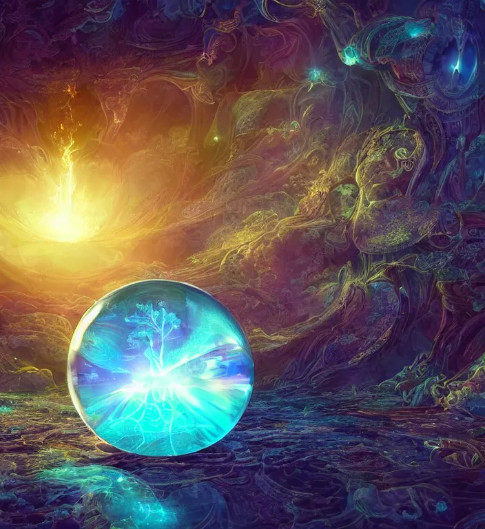 Prompt: a magical and exquisite fantasy illustration of an intricate and faceted crystal ball with a world inside of it + dissolving in to light + prism + god rays + dramatic lightning + backlit + specular highlights + ambient occlusion + global illumination + bump map + reflective + caustics + refractive + unreal engine 5 + DOF + sharp focus, digital artwork by Dan Mumford