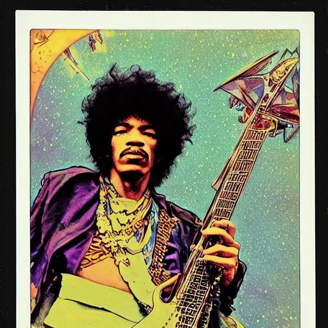 Image similar to polaroid of a vintage record cover by Franklin Booth showing a portrait of Jimi Hendrix as a futuristic space shaman, Alphonse Mucha background, psyadelic art, star map, smoke, sciFi