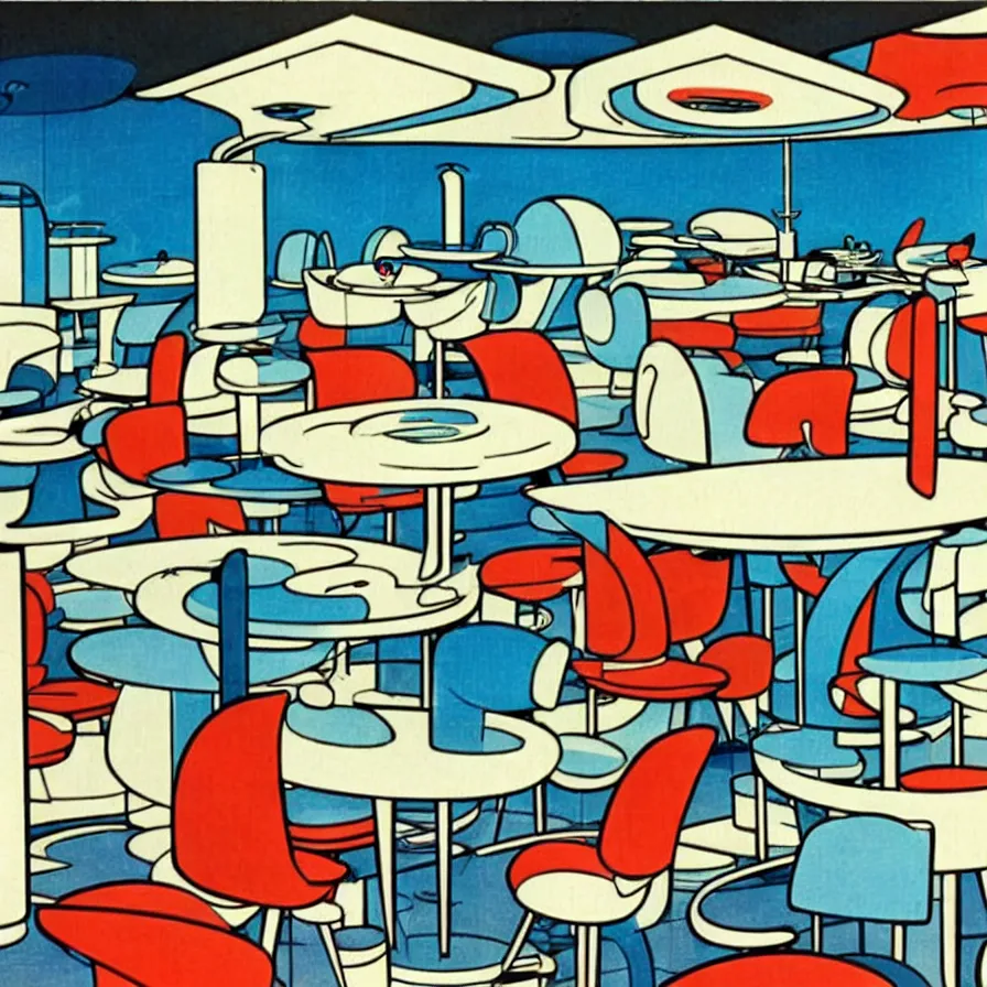 Prompt: concept art of jetsons cartoon indoor 5 0 s modern dinning room, painted by charlie harper