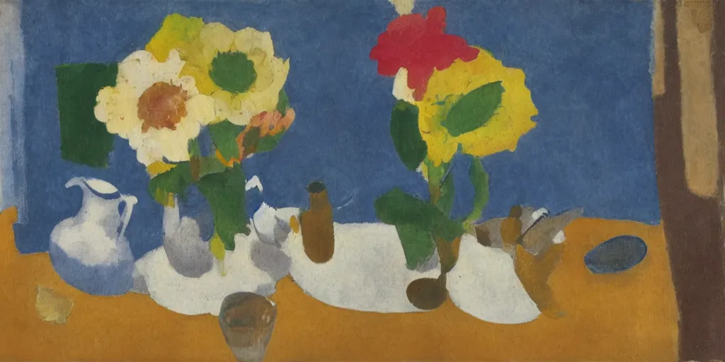 Image similar to flowers in jug, notebook, spoon on a table, still life on a table in the style of ivon hitchens, ben nicholson and winifred nicholson. oil painting, drawing,