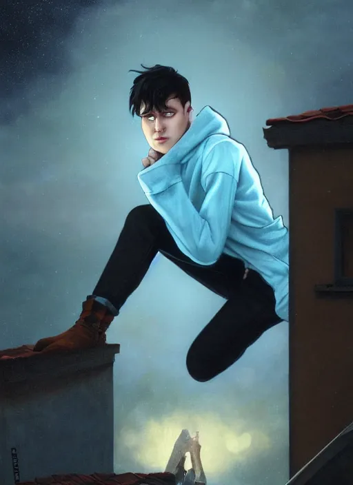 Image similar to handsome young man with short black hair, glowing light blue eyes, pale skin, crouching on the roof of a house, in a neighbourhood, at night, wearing jeans and a black hoodie, realistic painting by ross tran and gerald brom and alphonse mucha, trending on artstation