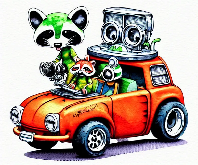 Image similar to cute and funny, racoon wearing a helmet riding in a tiny hot rod with oversized engine, ratfink style by ed roth, centered award winning watercolor pen illustration, isometric illustration by chihiro iwasaki, edited by range murata, tiny details by artgerm and watercolor girl, symmetrically isometrically centered and focused