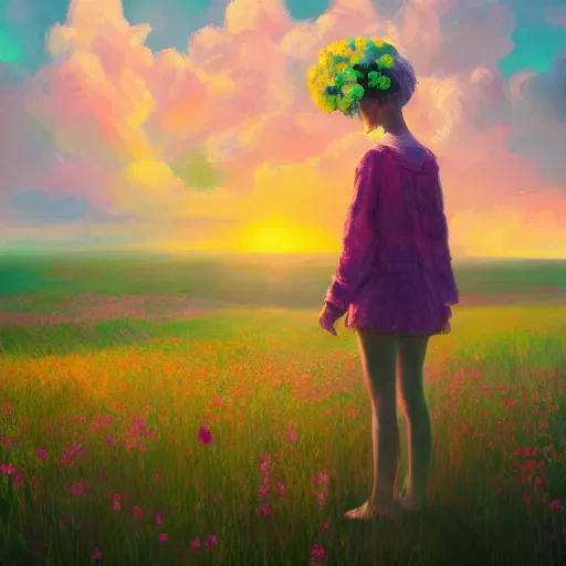 Image similar to girl with a flower face, surreal portrait photography, dreamlike, standing in flower field, in a valley, sunrise dramatic light, impressionist painting, colorful clouds, artstation, simon stalenhag