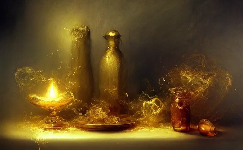 Image similar to alchemy still life amazing composition. by artstation trending, by joseph mallord william turner, luis royo, konstantin razumov, cinematic lighting, fractal flame, highly detailed