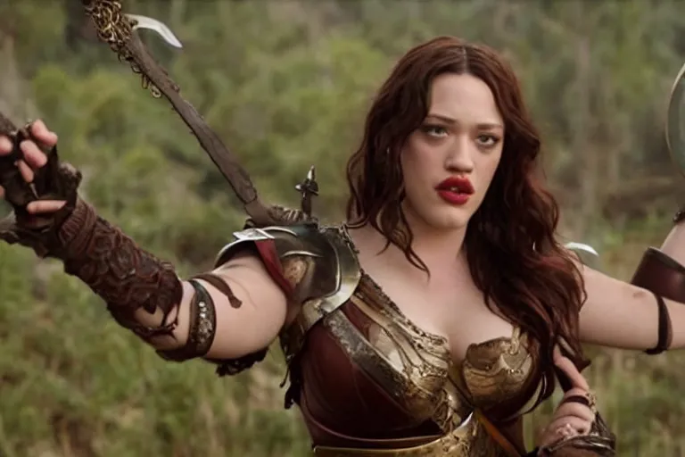 Prompt: A film still of an Kat Dennings as a Xena Warrior Princess, high detail